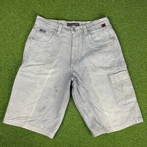 Vintage Fubu Gray Light Wash Denim Hip Hop Cargo Carpenter Jean Shorts Sz 36